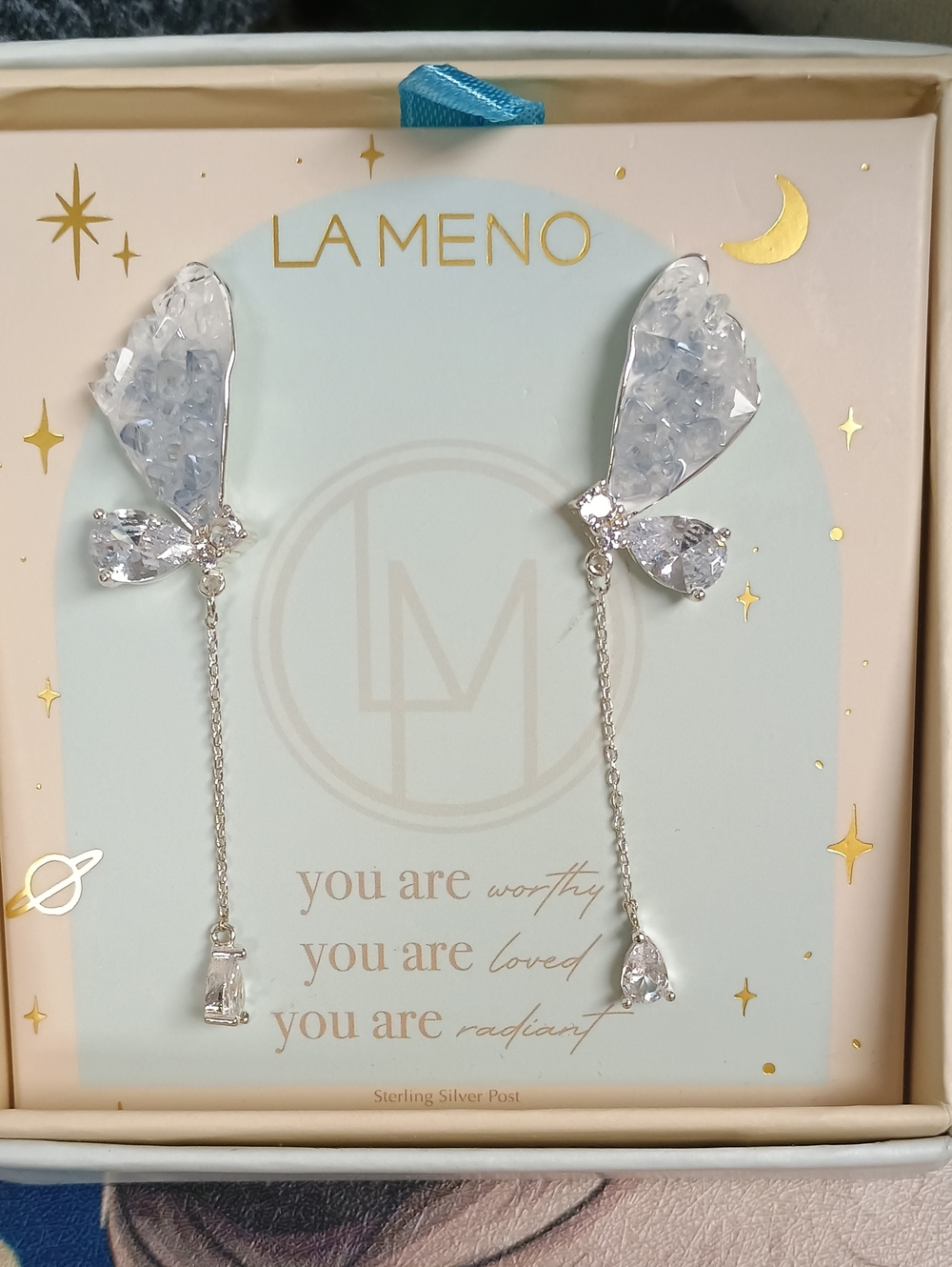 La Meno Crystal Butterfly Wing Long Chain Tassel Drop Earrings New In Box
